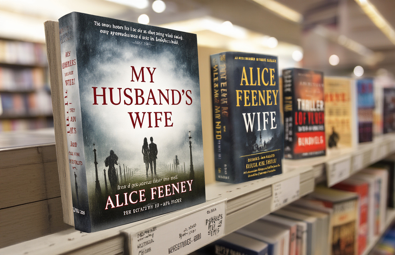 Create a realistic image of a new hardcover thriller book titled "My Husband's Wife" by Alice Feeney prominently displayed on a bookstore's "New Releases" shelf, with a release date card visible, soft bookstore lighting highlighting the cover, and other thriller novels slightly blurred in the background.