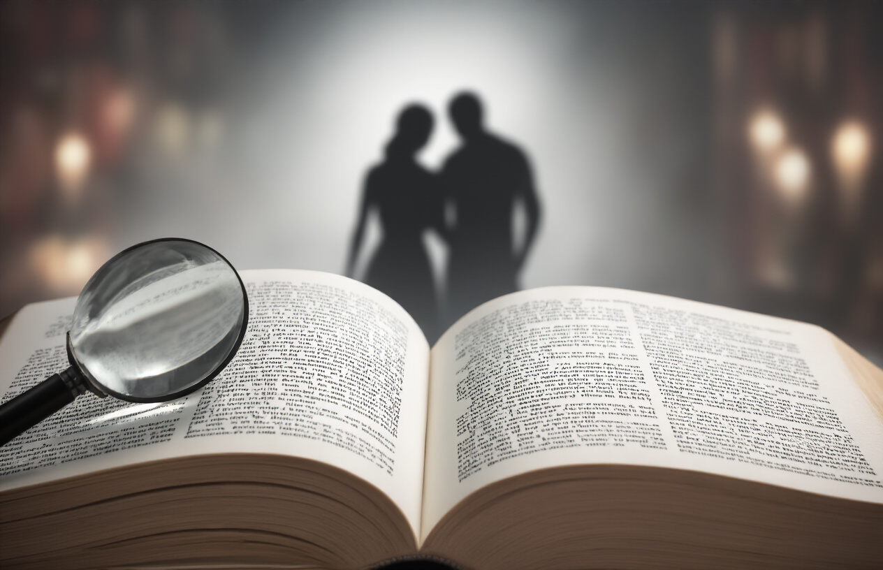 Create a realistic image of an open book with blurred text, a silhouette of a couple with a mysterious third figure shadowing them, a magnifying glass partially covering the pages, and soft, dramatic lighting creating a suspenseful atmosphere, representing a plot overview that reveals just enough to intrigue readers without giving away spoilers.
