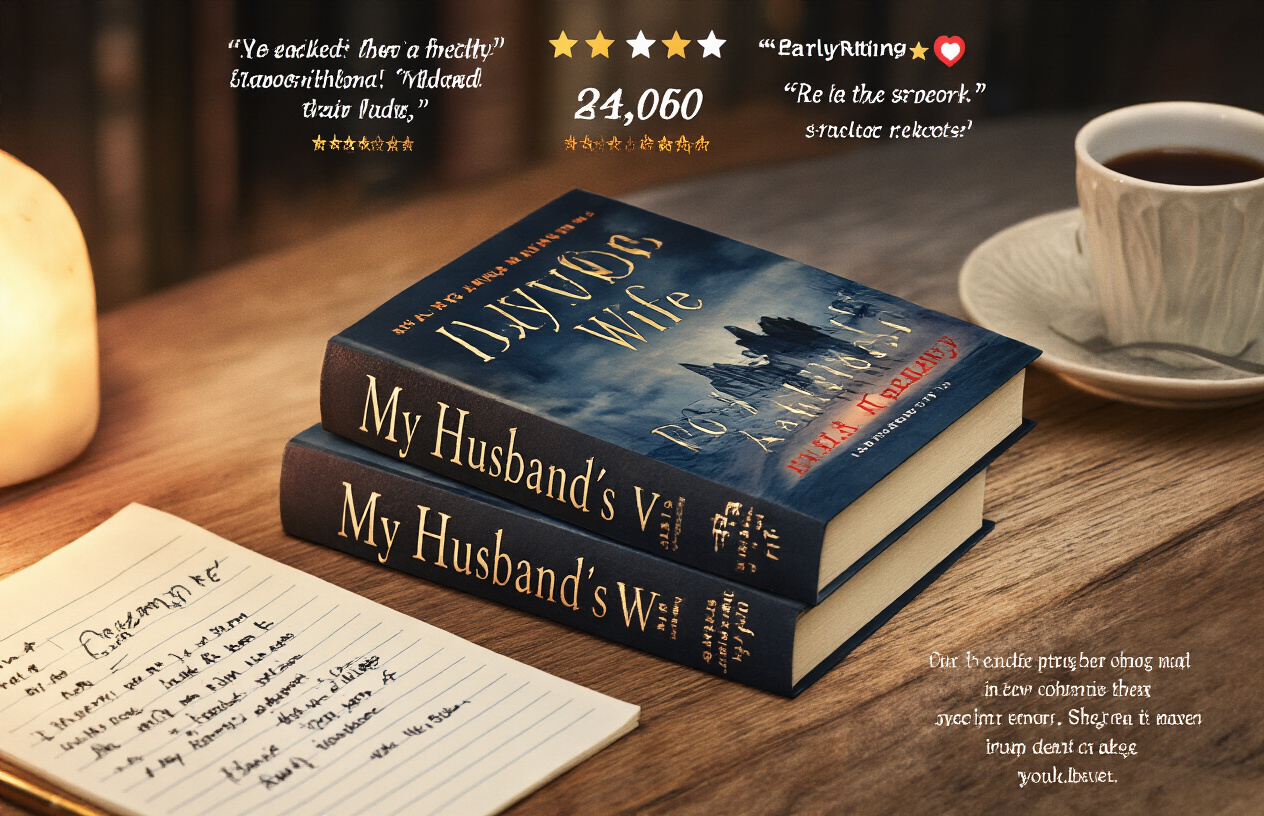 Create a realistic image of a stack of hardcover copies of the thriller novel "My Husband's Wife" by Alice Feeney on a wooden desk, surrounded by critic review quotes, star ratings, and social media buzz, with a notepad showing early reader reactions, a cup of coffee, and warm lighting creating an atmosphere of literary anticipation.
