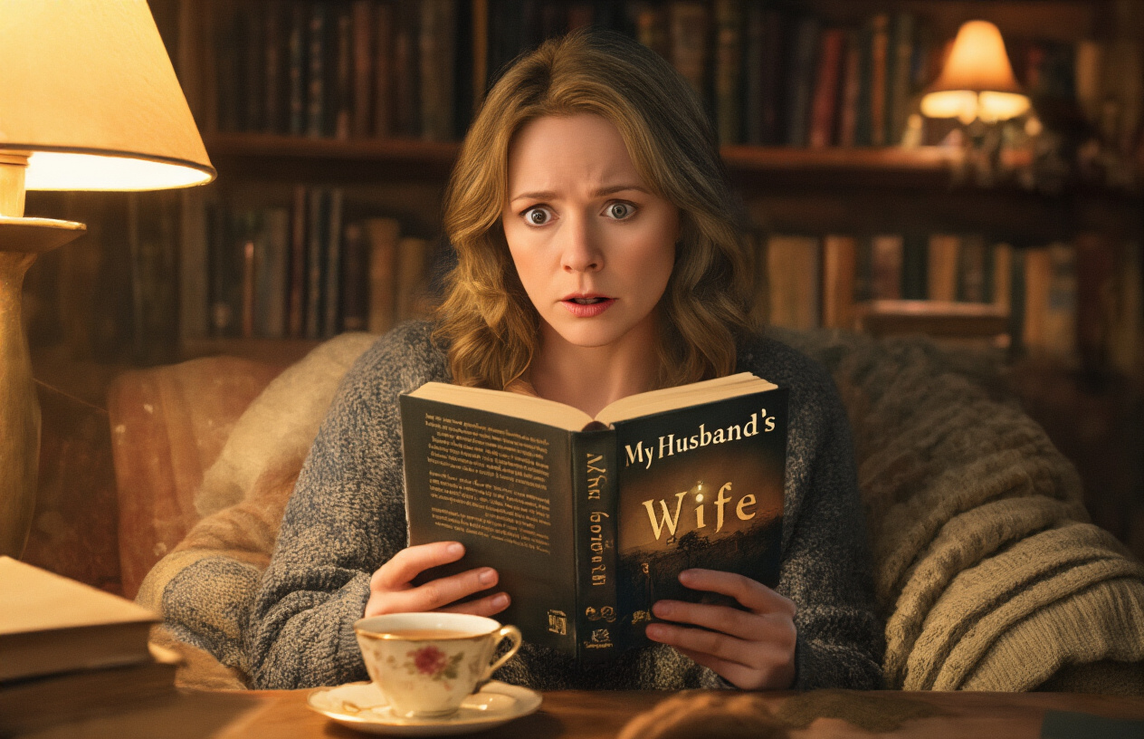 Create a realistic image of a woman reading a book with "My Husband's Wife" clearly visible on the cover, sitting in a cozy reading nook with a cup of tea nearby, warm ambient lighting creating an intimate atmosphere, her face showing intense concentration and slight surprise, suggesting a thrilling reading experience.