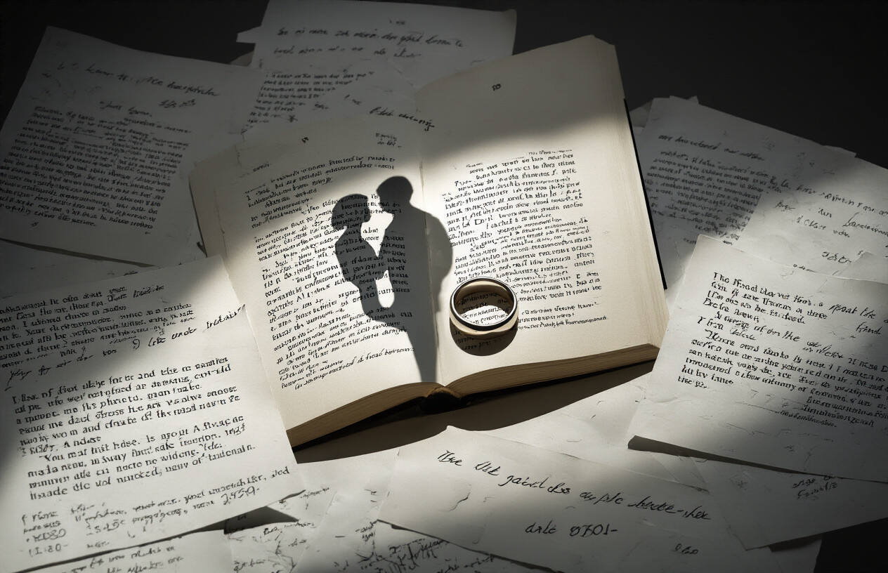 Create a realistic image of an open book with a wedding ring casting a shadow that forms two distinct silhouettes on the pages, surrounded by scattered paper notes with plot twists written on them, all bathed in dramatic lighting that creates an atmosphere of mystery and psychological suspense.